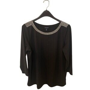 Land's End | Black with Speckled Embroidered Crew Neck Blouse Size XL 18